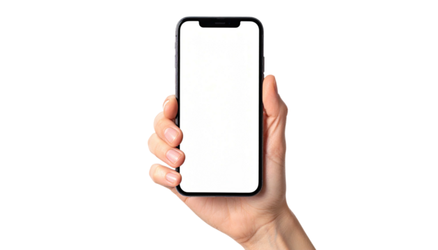 Hand holds modern frameless smartphone, blank white screen centered