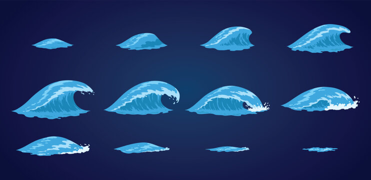 Animation water wave frame set. Water splash for animation and visual effects. Sea or ocean wave with drops or splatters. Cartoon vector illustration