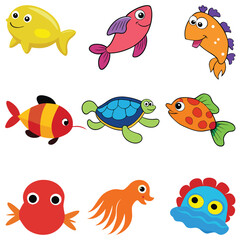 Set sea animals in cartoon style isolated on white background