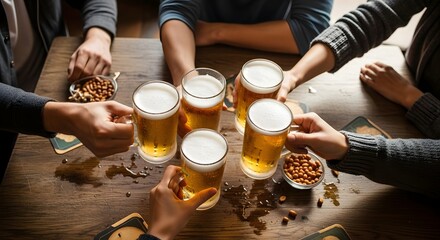 Friends celebrating with toasting lager beer in a cozy pub setting with snacks