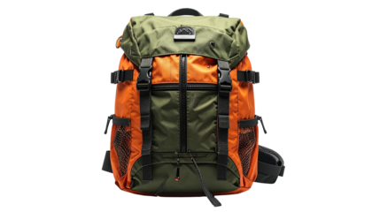 Green/orange backpack, webbing, straps, pockets on solid background