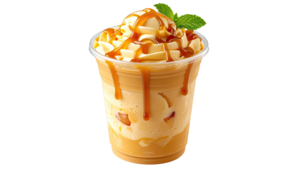 Caramel frappe drink in a clear cup with whipped topping