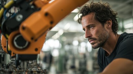 Focused male engineer adjusting advanced robotic machinery in a modern manufacturing facility with high-tech components and automation systems.
