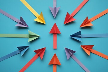 Stand out from the crowd with a bold vision using colorful paper airplanes, perfect for startups, innovation, and leadership concepts in business