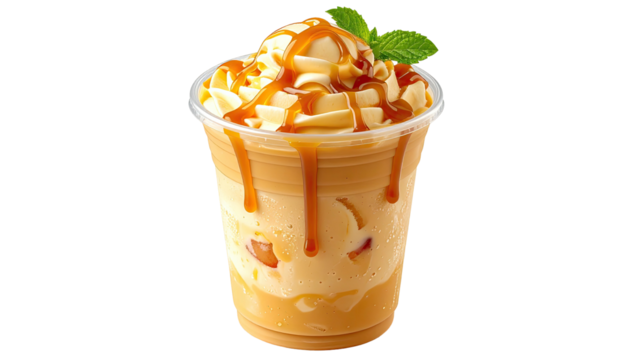 Caramel frappe drink in a clear cup with whipped topping