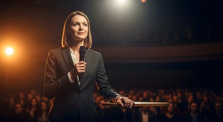 Confident woman delivering speech on stage at conference or event presentation