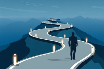 Inspiring journey ahead, silhouette on winding road to success, leadership concept, path to achievement, personal growth, business vision, illuminated future