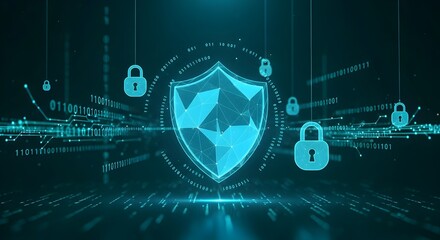 Futuristic digital shield concept symbolizing cybersecurity, encryption, and technological safety in cyberspace.