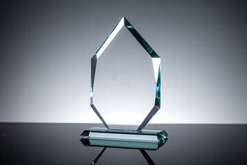 Elegant crystal award shines on reflective surface, a symbol of success and recognition for corporate achievements in business and beyond, ready for customization