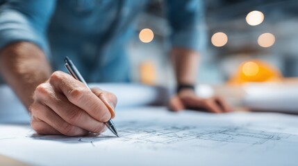 Close-up of architect or engineer hand drawing detailed building plans on blueprint paper at work desk in warm lighting.