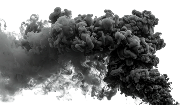 Swirling smoke cloud, grey to dark, against a black backdrop