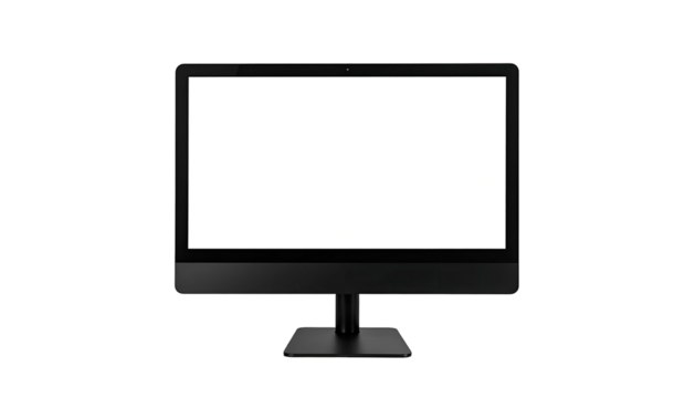 Blank-screened desktop computer, sleek black, isolated background