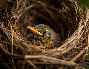Young Blackbird Nestling in Nest - A Close-Up View.