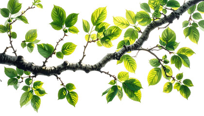 Branch covered in bright green leaves against a black background