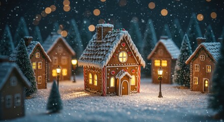 Obraz premium Enchanting gingerbread village nestled in a snowy landscape, illuminated by warm lights, evoking a sense of holiday magic and festive cheer in winter season