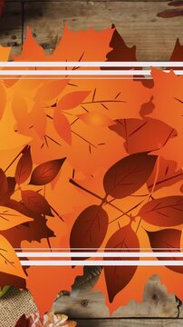 Animation of white frame and autumn leaves over thanksgiving dinner background