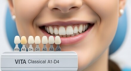 Dental health and aesthetics with dental shade guide showcasing tooth color matching for perfect smile design in dentistry