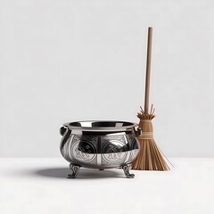 Silver witch cauldron with engraved symbols and straw broom on white background
