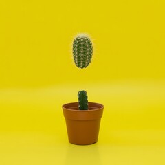 Floating cactus above terracotta pot on bright yellow background