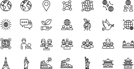 Collection of hand drawn icons representing travel tourism and global destinations
