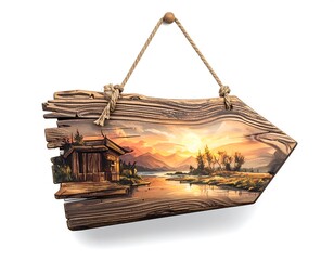 Wooden Arrow Sign with Sunset Landscape Painting for Home Decor.