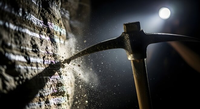Mining exploration in a dimly lit cave with a pickaxe shining on a rock surface