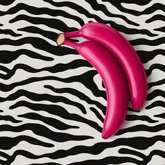 Surreal pink bananas on black and white zebra pattern background