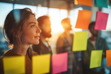 Group of young professionals collaborating during brainstorming session, using colorful sticky notes on glass wall in modern office.