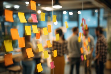 Group of young professionals collaborating during brainstorming session, using colorful sticky notes on glass wall in modern office.