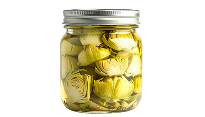 Pickled artichoke hearts in a glass canning jar against black