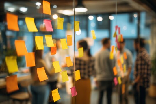 Group of young professionals collaborating during brainstorming session, using colorful sticky notes on glass wall in modern office.