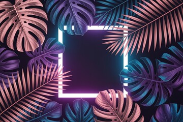 Neon palm leaves on black