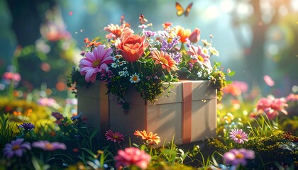 Wooden Box Overflowing with Vibrant Flowers in a Sunlit Meadow.