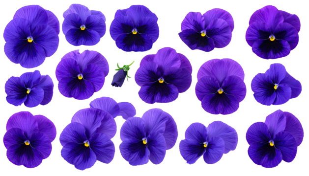 Scattered purple pansies with yellow centers on a black background
