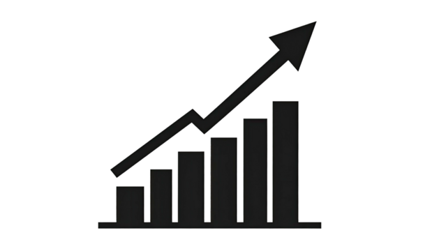 Ascending bar graph with arrow, monochrome silhouette on black