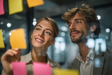 Group of young professionals collaborating during brainstorming session, using colorful sticky notes on glass wall in modern office.