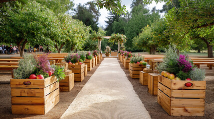 Farm orchard aisle with apple crates, local band tuning up, wedding, orchard, rustic, ceremony, autumn, farm to table, community, reception, with copy space