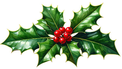Sprig of vibrant holly with bright red berries, festive decor
