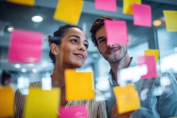 Group of young professionals collaborating during brainstorming session, using colorful sticky notes on glass wall in modern office.