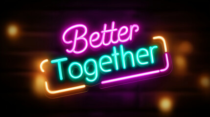 Obraz premium Neon-sign photo corner “Better Together,” lines form for selfies, wedding, photo booth, neon, reception, social, fun, modern, décor, with copy space