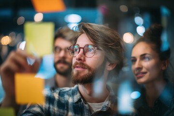 Group of young professionals collaborating during brainstorming session, using colorful sticky notes on glass wall in modern office.