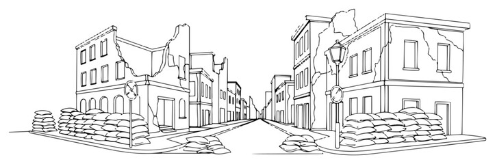 Continuous one line drawing of a ruined city street after war with destroyed buildings and sandbag barricades. Warzone conflict and destruction concept minimalist vector art illustration.