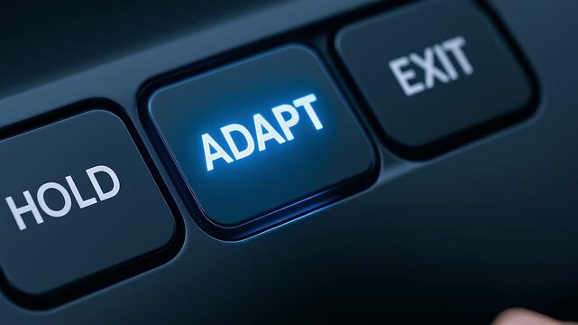 Adapt button keyboard illuminated blue with fingertip pressing it symbolizing change flexibility and innovation business strategy and technology closeup of finger pressing glowing ADAPT key black
