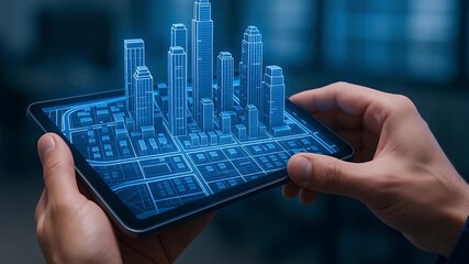 Futuristic tablet hologram of urban planning blueprint with hands holding map and blue skyscraper grid showcasing technology driven 3D city model and digital zoning for smart city development - Powered by Adobe