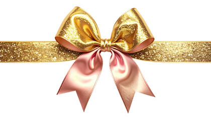 Gold ribbon bow with soft pink sheen on black background