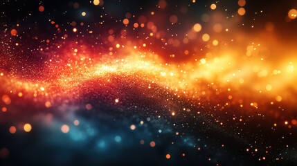 Obraz premium Abstract glowing particle waves with bright golden and orange sparks flowing dynamically on dark background. Cinematic texture with shimmering movement and festive atmosphere.