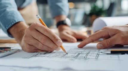 Close-up of architects' hands sketching and revising detailed floor plan on blueprint paper during project planning in office.