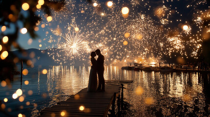 Fireworks over lake as couple dances on pier, silhouettes and spark trails, wedding, fireworks, lake, dance, night, romance, celebration, epic, finale, with copy space
