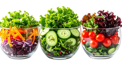 Three glass bowls of fresh colorful layered salads