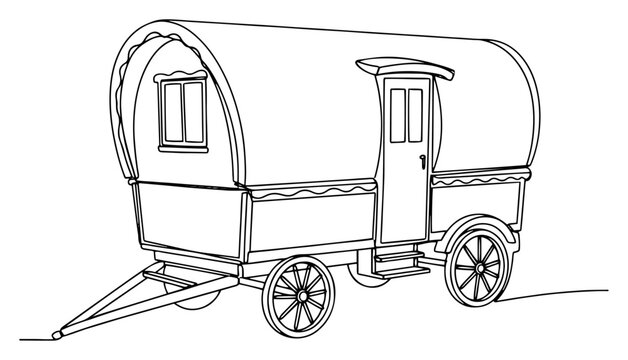 One continuous line drawing of a vintage gypsy caravan. Traditional Romani vardo wagon for bohemian lifestyle. Minimalist vector travel illustration.